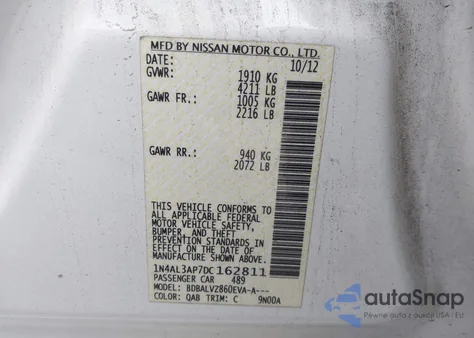 2013 Nissan Altima 2.5 Sl z USA, uszkodzony, nr VIN 1N4AL3AP7DC162811